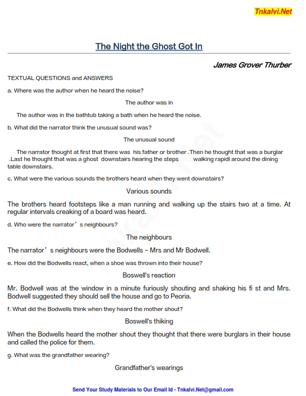 10th Standard English Unit 2 Prose Short Answers (The Night the